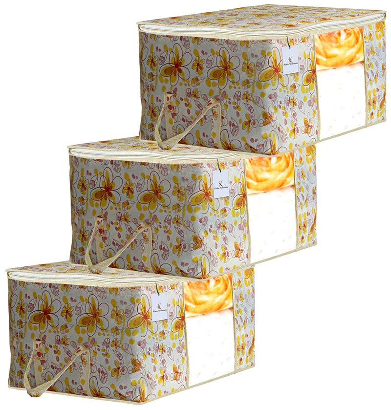 Kuber Industries Rectangular Flower Design 3 Piece Non Woven Underbed Storage Bag Storage Organiser Blanket Cover with Transparent Window Extra Large Ivory and Red CTKTC34483 - Image 1