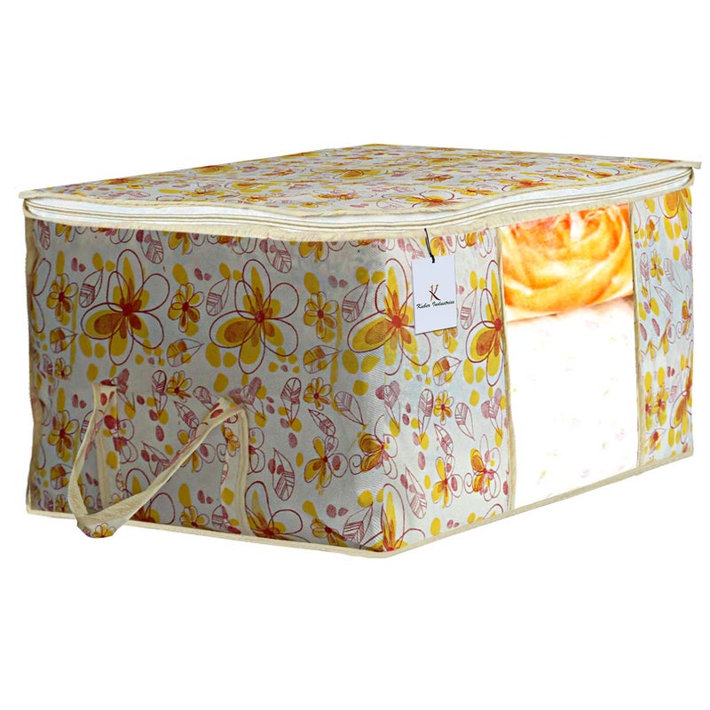 Kuber Industries Rectangular Flower Design 3 Piece Non Woven Underbed Storage Bag Storage Organiser Blanket Cover with Transparent Window Extra Large Ivory and Red CTKTC34483 - Image 2