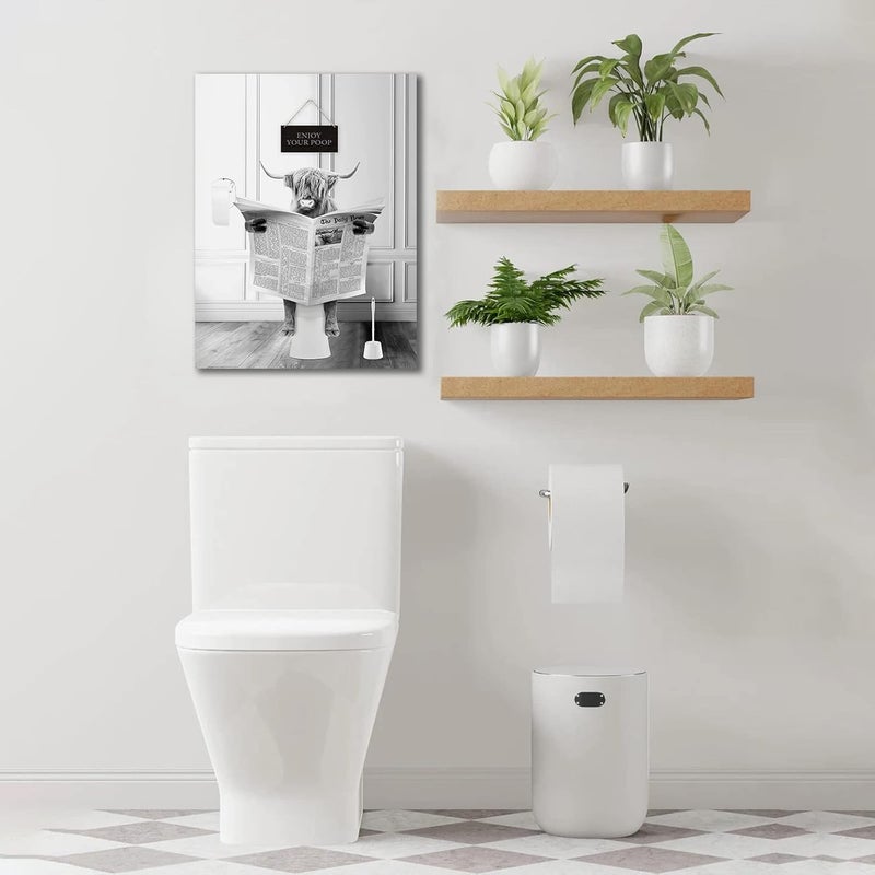 KBKBART Funny Highland Cow Wall Art in Bathtub, Black and White Canvas Cow In Bathroom Picture, Humor Animals Bathroom Artwork Prints Rustic Farmhouse Style Wall Decor Ready To Hang for Living Room, Bathroom - Image 2