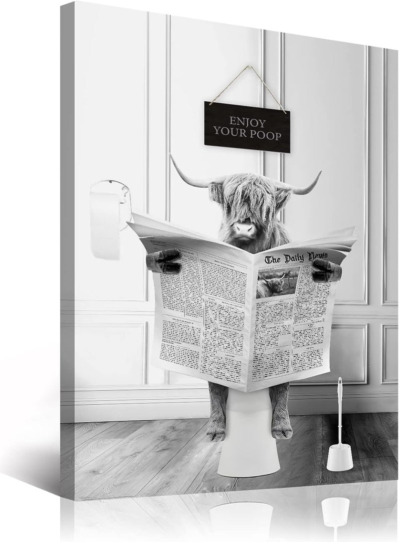 KBKBART Funny Highland Cow Wall Art in Bathtub, Black and White Canvas Cow In Bathroom Picture, Humor Animals Bathroom Artwork Prints Rustic Farmhouse Style Wall Decor Ready To Hang for Living Room, Bathroom - Image 1
