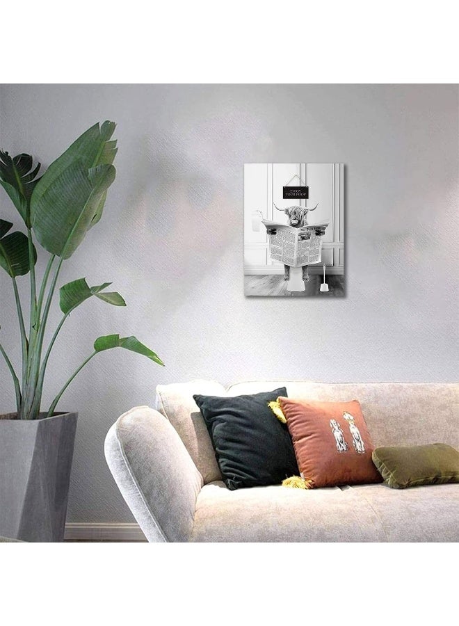 KBKBART Funny Highland Cow Wall Art in Bathtub, Black and White Canvas Cow In Bathroom Picture, Humor Animals Bathroom Artwork Prints Rustic Farmhouse Style Wall Decor Ready To Hang for Living Room, Bathroom - Image 5