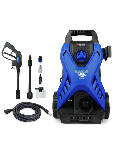 VTOOLS 135 Bar Electric Pressure Washer With 2 Wheels, 5 Meter Hose, Soap Dispenser, 1650 Watt, Auto Stop and Self Priming Mode, For Car, Home & Garden, Blue