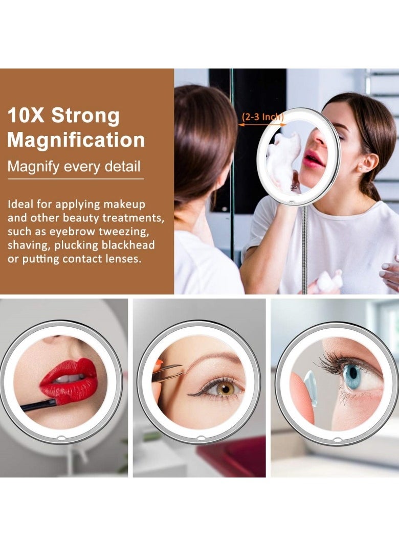 Ru syanl Flexible Gooseneck 10x Magnifying LED Lighted Makeup Mirror Bathroom Magnification Vanity Mirror with Suction Cup 360 Degree Swivel Daylight Battery Operated Cordless Travel Mirror  - Image 3