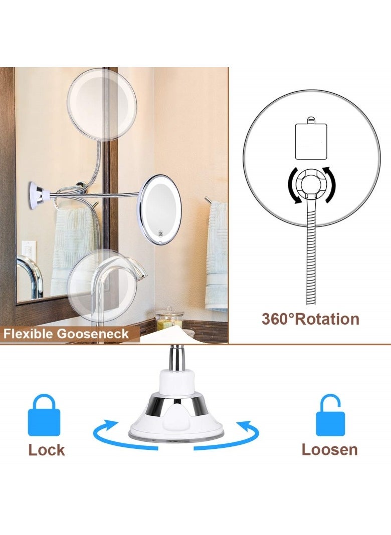 Ru syanl Flexible Gooseneck 10x Magnifying LED Lighted Makeup Mirror Bathroom Magnification Vanity Mirror with Suction Cup 360 Degree Swivel Daylight Battery Operated Cordless Travel Mirror  - Image 4