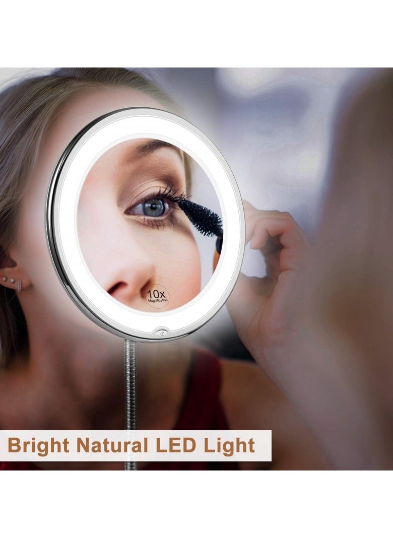 Ru syanl Flexible Gooseneck 10x Magnifying LED Lighted Makeup Mirror Bathroom Magnification Vanity Mirror with Suction Cup 360 Degree Swivel Daylight Battery Operated Cordless Travel Mirror  - Image 5