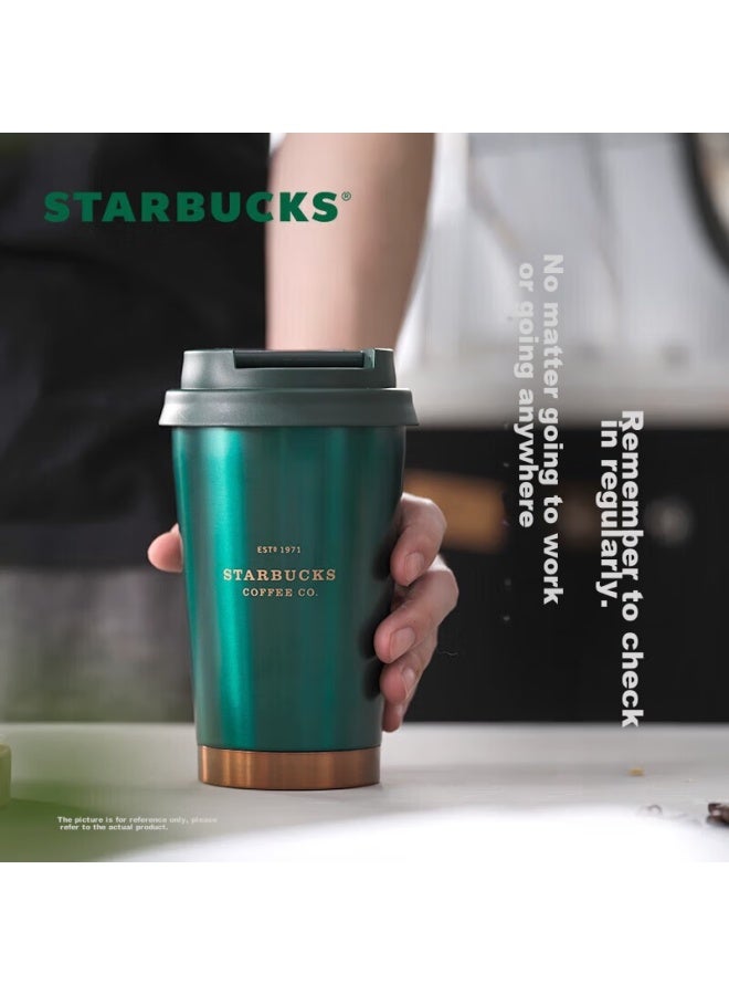 Starbucks فنجان ستاربكس الفولاذ المقاوم للصدأ الداكن الأخضر مع حواف ذهبية، سعة 384 مل، كوب قهوة محمول، كوب سيارة، هدية عطلة للرجال - Image 1