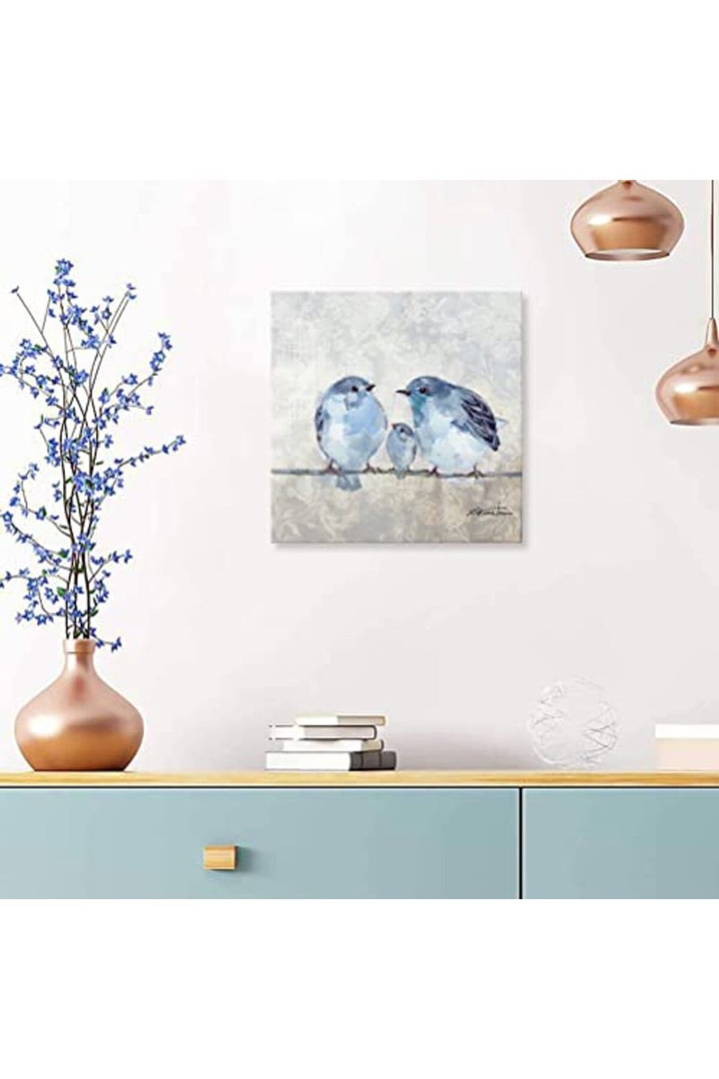 Woxfcart Bathroom Decor Bird Wall Art - Love Birds Picture Print on Canvas - Cute Animal Poster Decoration Teen Room Bedroom with Frame Easy Hang, Blue Gray Walls Décor - 13.5"x13.5" - Image 2