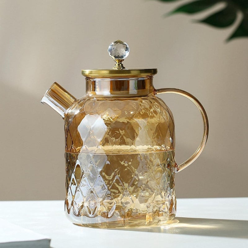 PATTAR Golden Wooden Crystal LID Glass Tea Pot Kettle with No Heat Resistant Perfect for Tea and Coffee Maker Wooden Lid Loose Leaf Teapot with Strainer Gold Pack of 1 - Image 4