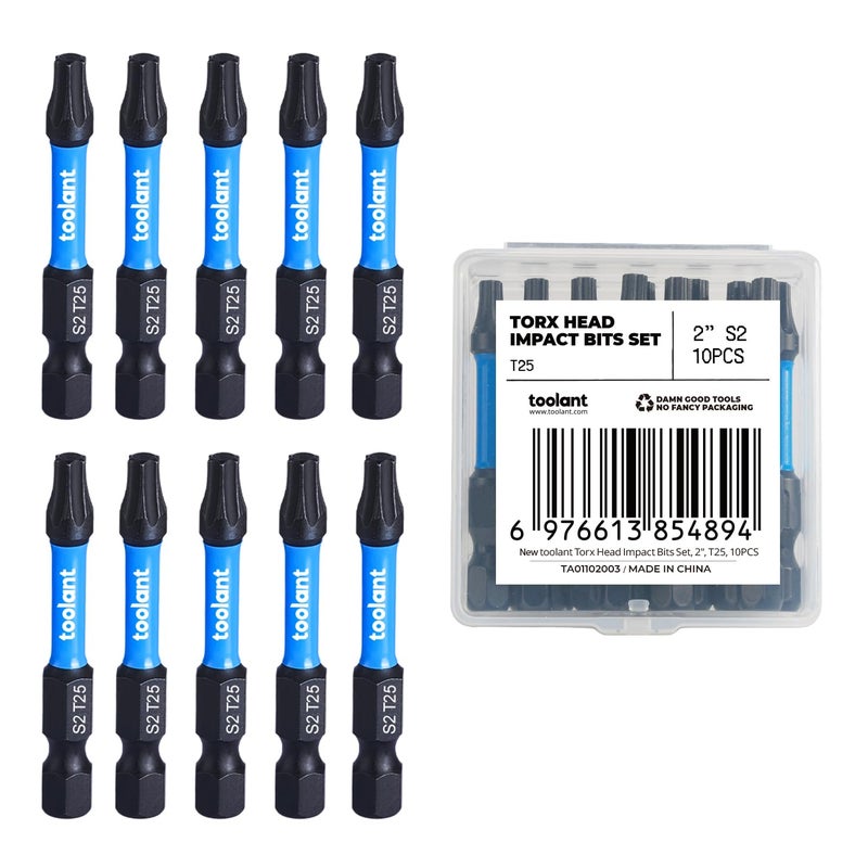 toolant 2â€ Impact Torx Bits 10pack (T25), 1/4â€ Hex-Shank S2 Steel Screwdriving Star Bits, CNC Machined Tips Magnetic Power Bit, with Storage Box - Image 1