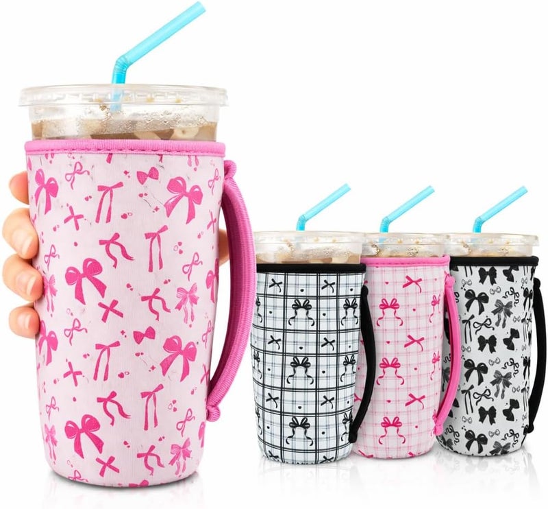 KJQJLY 4 Pack Iced Coffee Sleeve,reusable Neoprene Cup Sleeves Suitable For Beverage Sleeves For Hot And Cold Coffee Or Ice Drink Coffee cup sleeve for Starbucks coffee cup (Bows 30-32 OZ) - Image 1