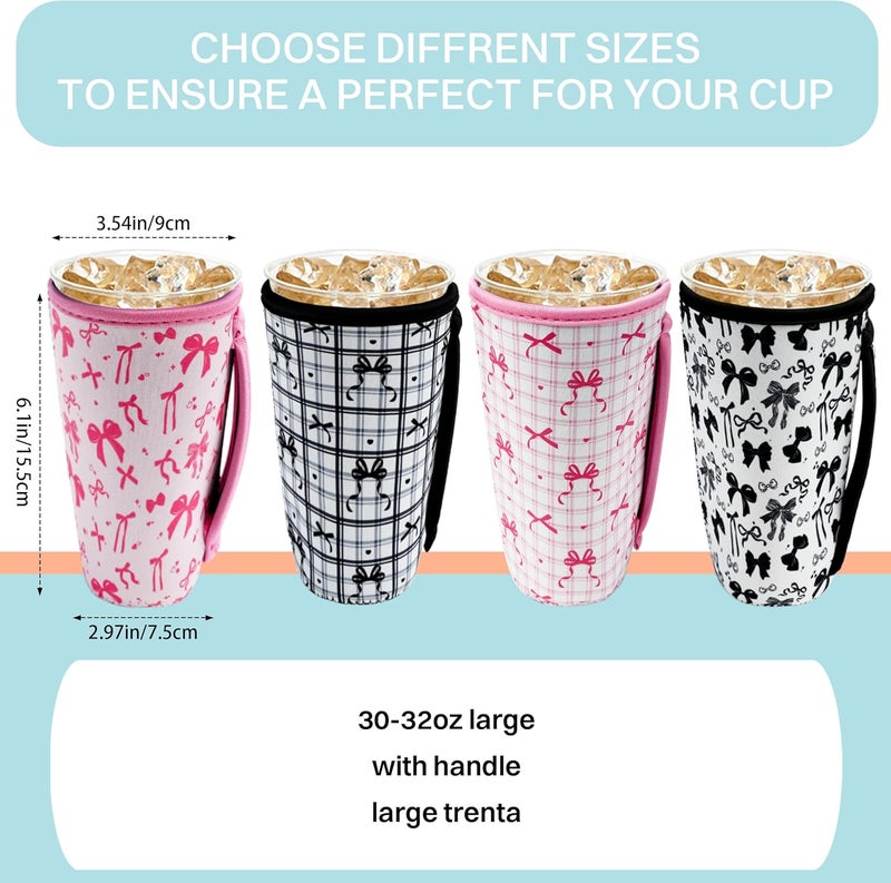 KJQJLY 4 Pack Iced Coffee Sleeve,reusable Neoprene Cup Sleeves Suitable For Beverage Sleeves For Hot And Cold Coffee Or Ice Drink Coffee cup sleeve for Starbucks coffee cup (Bows 30-32 OZ) - Image 2
