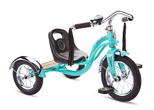 Schwinn Roadster Bike for Toddler Kids Classic Tricycle Low Positioned Steel Trike Frame with Bell and Handlebar Tassels Rear Deck Made of Genuine Wood for Boys and Girls Ages 24 Year Old Teal - Image 1
