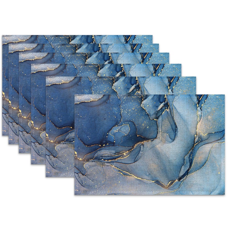 Snowmolle Blue Gold Marble Placemats Set of 6,Abstract Heat Resistant Table Mats Washable Place Mats for Party Kitchen Farmhouse Home Dining Holiday Decor 12x18 Inch - Image 1