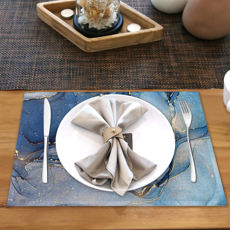 Snowmolle Blue Gold Marble Placemats Set of 6,Abstract Heat Resistant Table Mats Washable Place Mats for Party Kitchen Farmhouse Home Dining Holiday Decor 12x18 Inch - Image 5