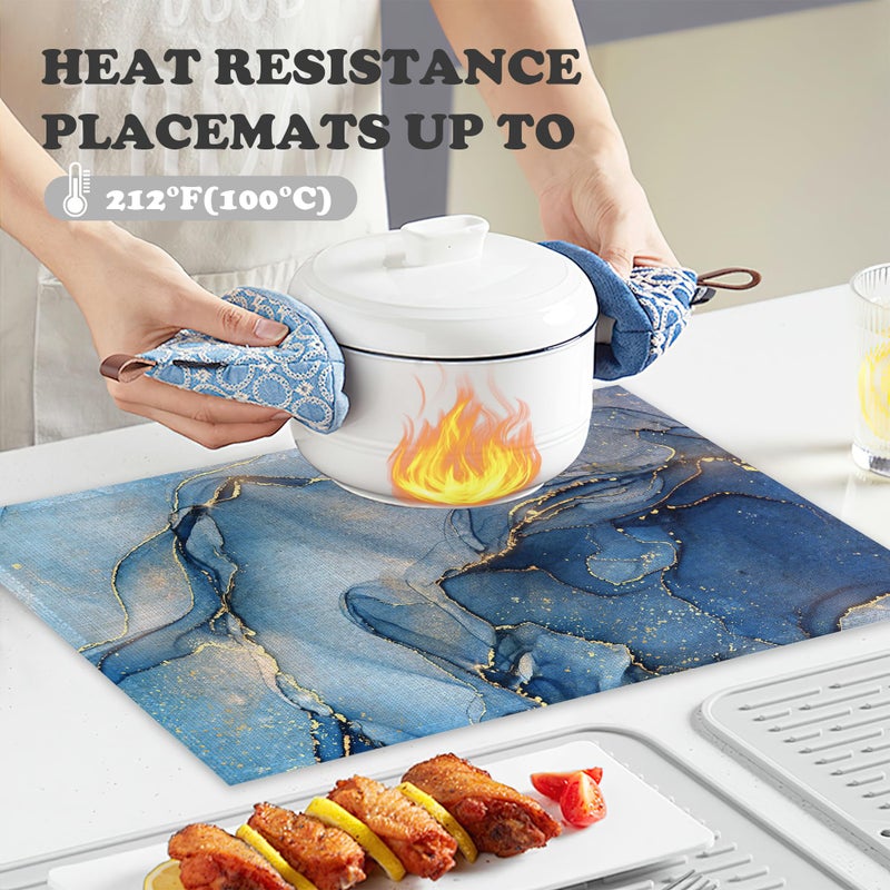 Snowmolle Blue Gold Marble Placemats Set of 6,Abstract Heat Resistant Table Mats Washable Place Mats for Party Kitchen Farmhouse Home Dining Holiday Decor 12x18 Inch - Image 4