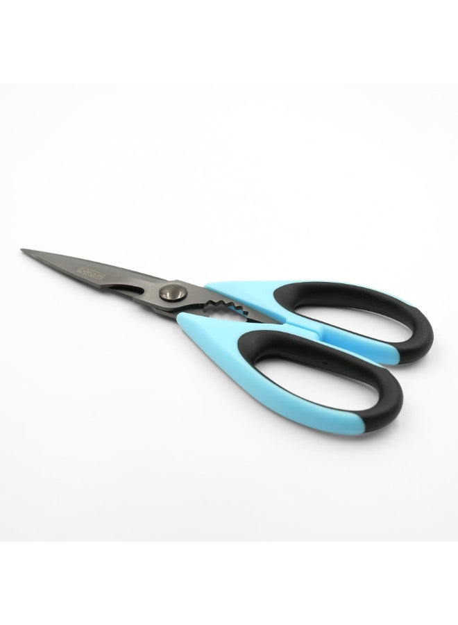 بيرام مقص مطبخ قوي التحمل بطول 9 بوصات، مطلي بالتيتانيوم الأسود ومصنوع من فولاذ مقاوم للصدأ 2CR13 حاد ومتينة لقطع دقيق وسلس في جميع مهام المطبخ. يتميز بكسارة مكسرات مدمجة تضيف وظائف عملية متعددة في أداة واحدة. يأتي بمقبض أزرق مريح وغير قابل للانزلاق يوفر قبضة آمنة وتحكمًا ممتازًا أثناء الاستخدام. مثالي للطهي، وتحضير الطعام، والاستخدام اليومي، حيث يجمع بين القوة والأداء والدقة في تصميم أنيق وعصري يدوم طويلاً.