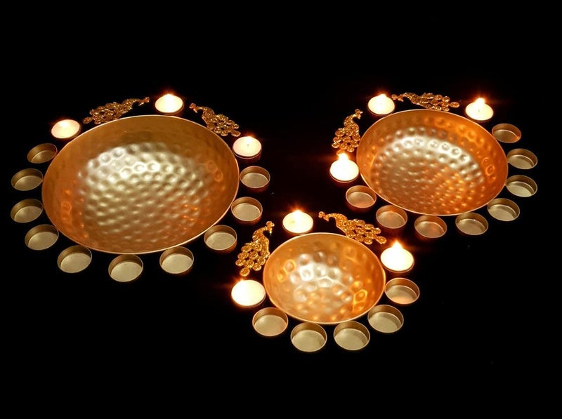MISHITA COLLECTIONS MISHITA COLLECTIONS Bras Peacock Urli Bowl for Floating Flowers and T Light Candles Made by Iron for Home Office and Table Decor Set of 3 Size12 14 16 Golden Color - Image 5