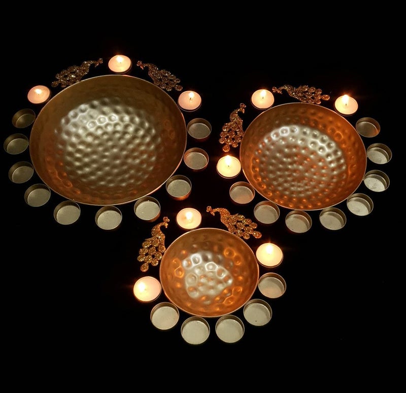 MISHITA COLLECTIONS MISHITA COLLECTIONS Bras Peacock Urli Bowl for Floating Flowers and T Light Candles Made by Iron for Home Office and Table Decor Set of 3 Size12 14 16 Golden Color - Image 3