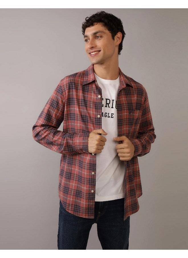 American Eagle - AE Slim Fit Everyday Plaid Linen-Blend Button-Up S - Image 1