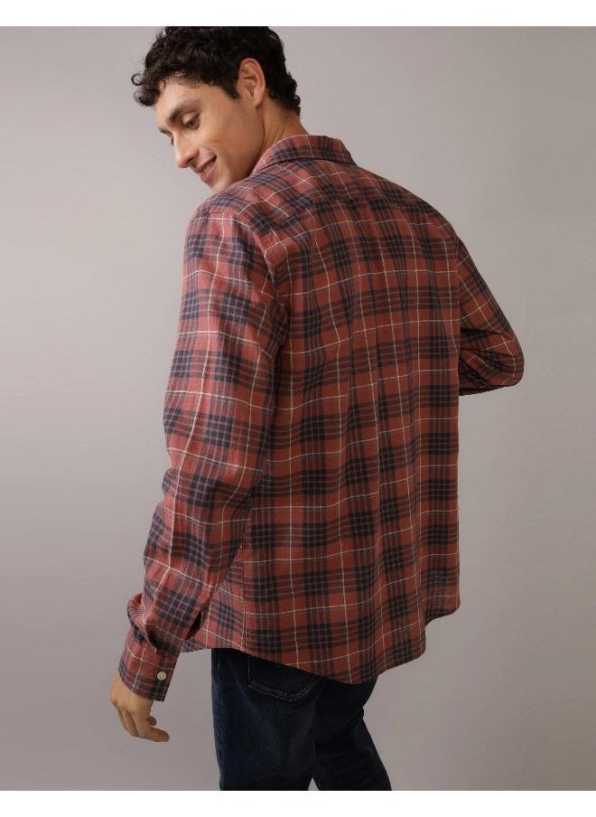 American Eagle - AE Slim Fit Everyday Plaid Linen-Blend Button-Up S - Image 1