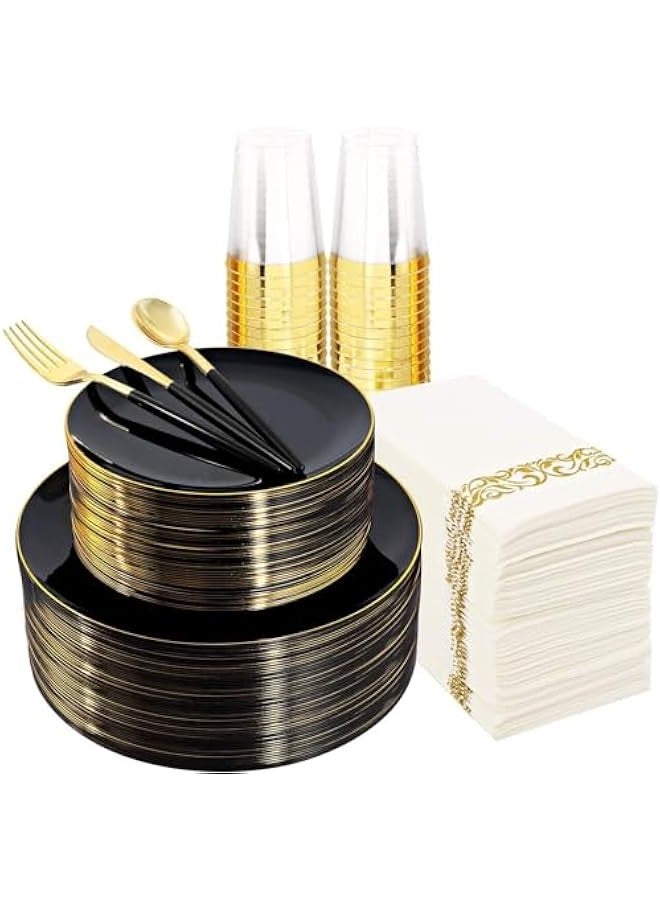 Beauenty 175pcs Black Plastic Dinnerware Set,Premium Heavy Duty Black Plastic Plates with Gold Rim,Dinner Plates,Dessert Appetizer Elegant Fancy Heavy Duty Wedding Plates Plastic Cups with Gold Rim - Image 1