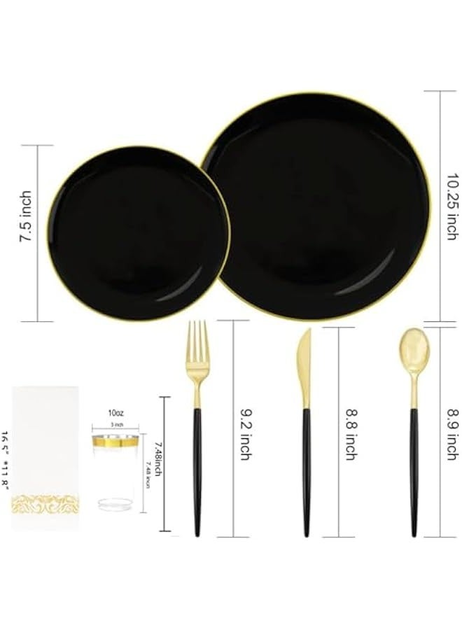 Beauenty 175pcs Black Plastic Dinnerware Set,Premium Heavy Duty Black Plastic Plates with Gold Rim,Dinner Plates,Dessert Appetizer Elegant Fancy Heavy Duty Wedding Plates Plastic Cups with Gold Rim - Image 2