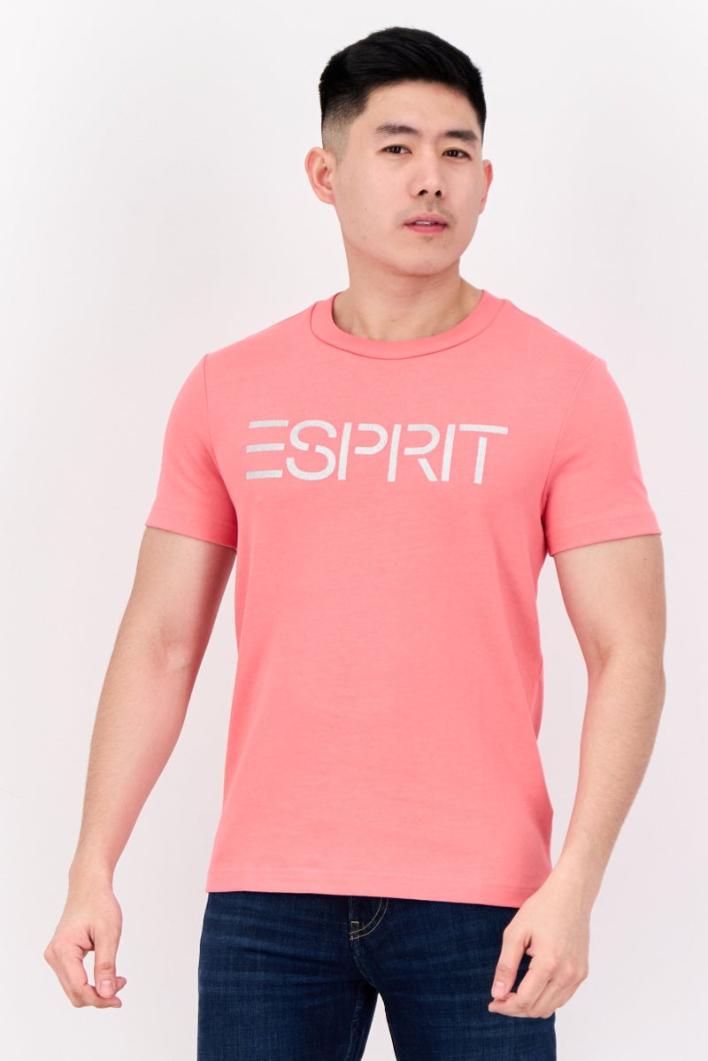 ESPRIT Men Crew Neck Short Sleeve Brand Logo T-Shirt, Coral Red - Image 1