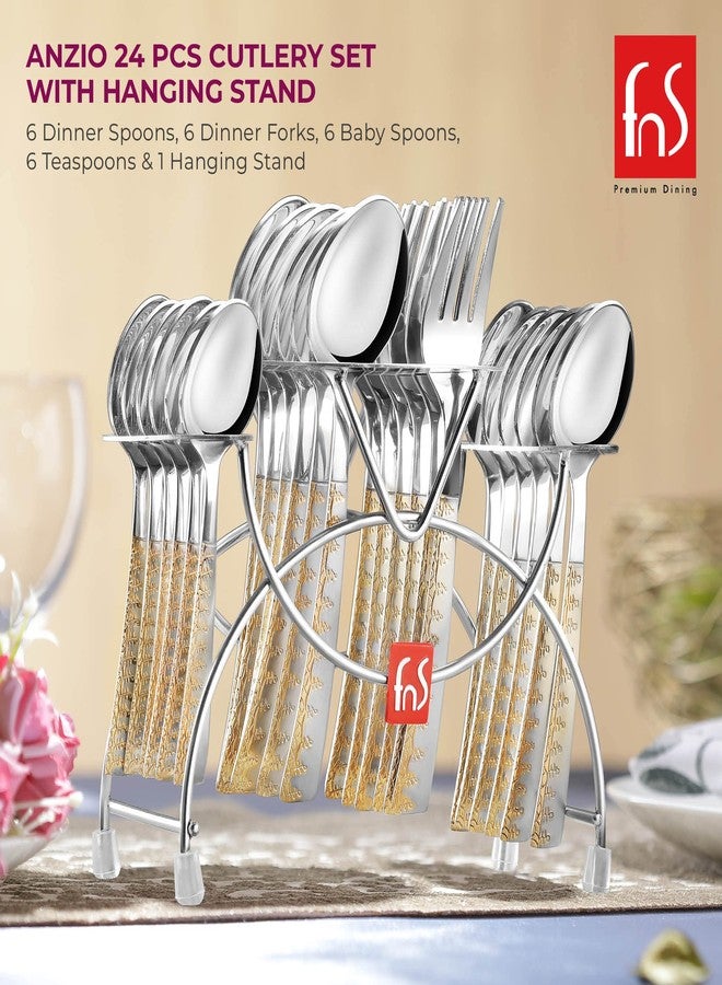 FnS Anzio 24 Karat Gold Plated Cutlery Set with Hanging Stand (6 Dinner Spoon, 6 Dinner Fork, 6 Teaspoon, 6 Baby Spoon & 1 Stand) - Image 2