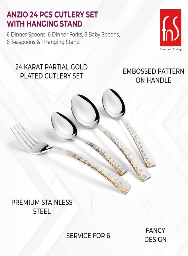 FnS Anzio 24 Karat Gold Plated Cutlery Set with Hanging Stand (6 Dinner Spoon, 6 Dinner Fork, 6 Teaspoon, 6 Baby Spoon & 1 Stand) - Image 3