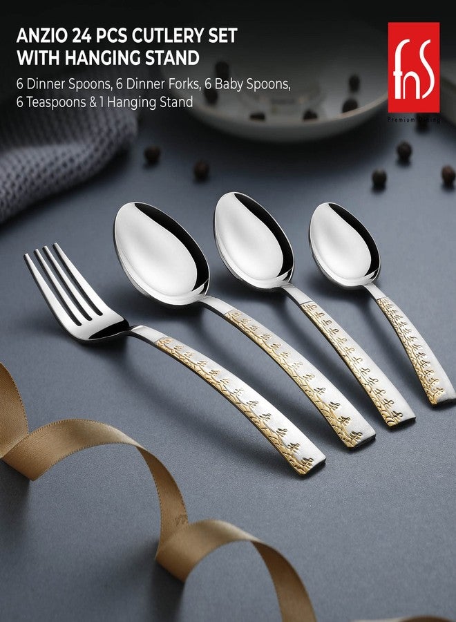 FnS Anzio 24 Karat Gold Plated Cutlery Set with Hanging Stand (6 Dinner Spoon, 6 Dinner Fork, 6 Teaspoon, 6 Baby Spoon & 1 Stand) - Image 4