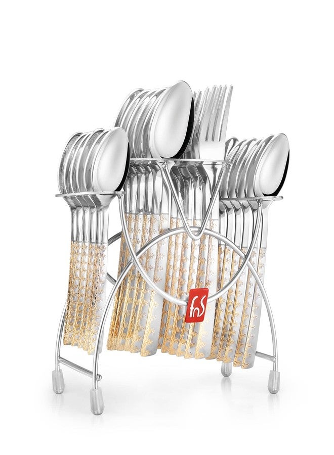 FnS Anzio 24 Karat Gold Plated Cutlery Set with Hanging Stand (6 Dinner Spoon, 6 Dinner Fork, 6 Teaspoon, 6 Baby Spoon & 1 Stand) - Image 1