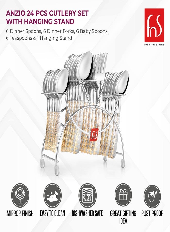 FnS Anzio 24 Karat Gold Plated Cutlery Set with Hanging Stand (6 Dinner Spoon, 6 Dinner Fork, 6 Teaspoon, 6 Baby Spoon & 1 Stand) - Image 5