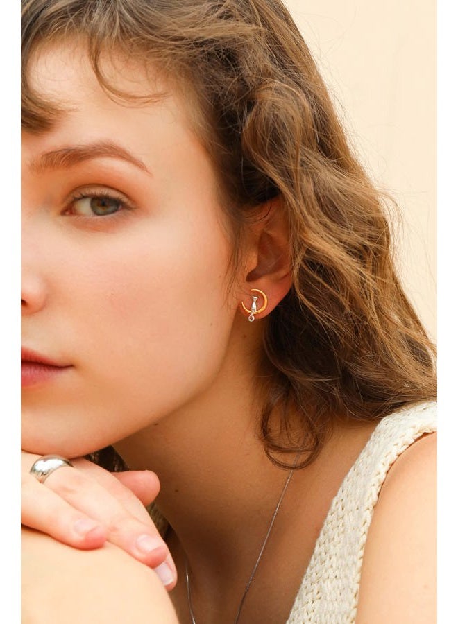 S.Leaf Cat on Moon Stud Earrings Sterling Silver Crescent Moon Cat Earrings Cat Lovers Gift (silver and gold) - Image 2