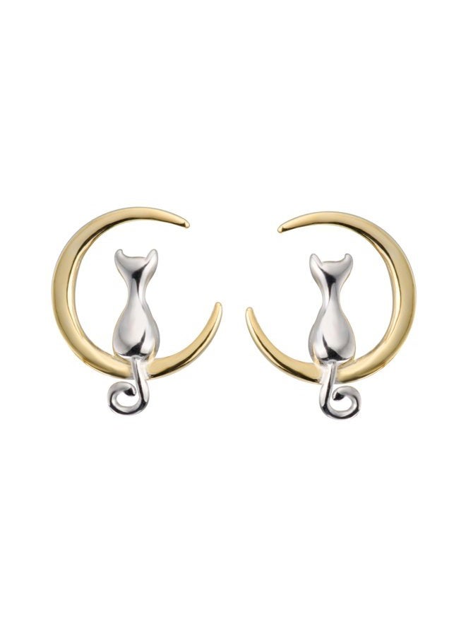 S.Leaf Cat on Moon Stud Earrings Sterling Silver Crescent Moon Cat Earrings Cat Lovers Gift (silver and gold) - Image 1