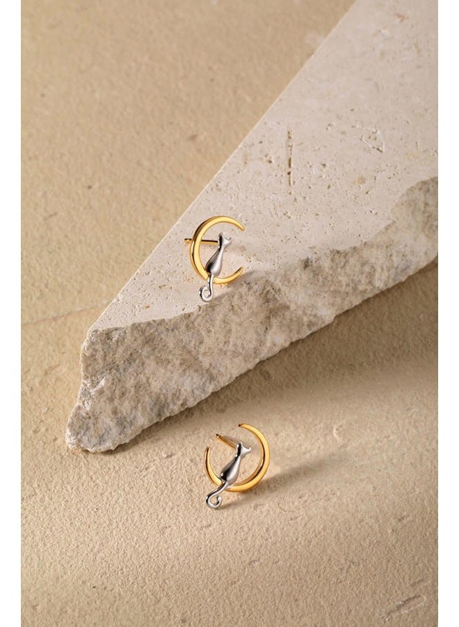 S.Leaf Cat on Moon Stud Earrings Sterling Silver Crescent Moon Cat Earrings Cat Lovers Gift (silver and gold) - Image 5