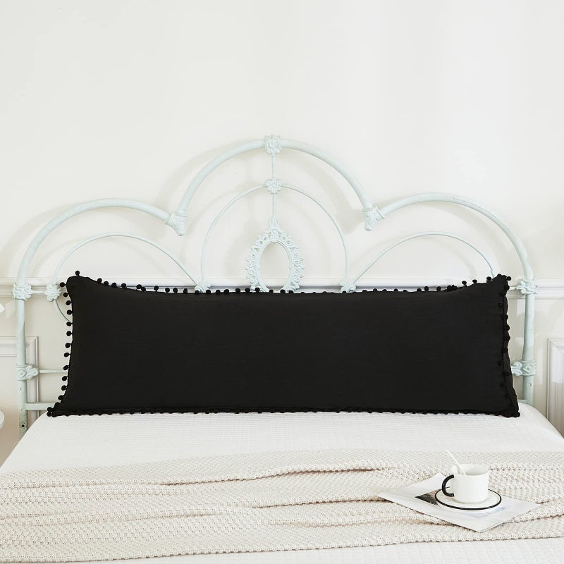 Black Body Pillow Cover 20x54 Boho Chic Pom Poms Fringe Decor Black Body Pillow Case Cover with Pocket Closure