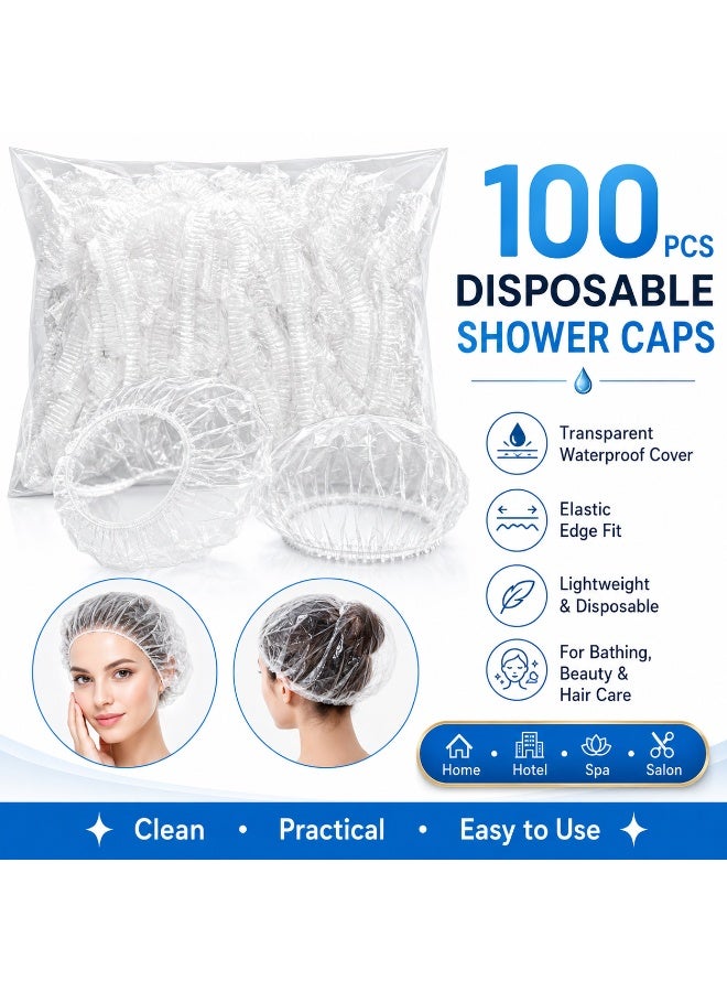 100 Pieces Disposable Shower Caps Transparent Waterproof Elastic Plastic Hair Cover Caps For Bathing And Hair Treatment - Image 1