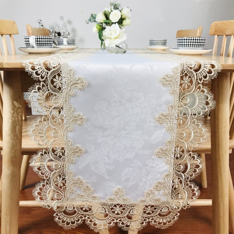 BrekSdat Rectangle Table Runner Beige Embroidered Lace 16 x 70 Inches Wedding Dining Table Dresser Scarf with Carnation Lace Fabric Washable for Coffee End