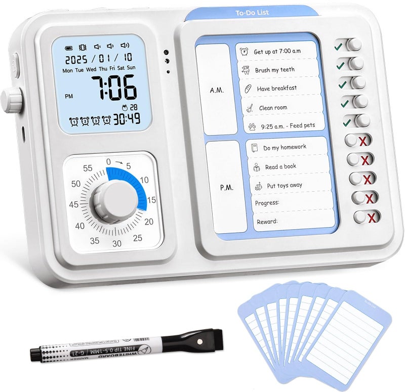 3in1 Visual Timer  ADHD Tool for KidsAdults Task Timer with Chore Chart Board Visual Schedule for Kids with Autism Daily Checklist for Home School Classroom Desk White