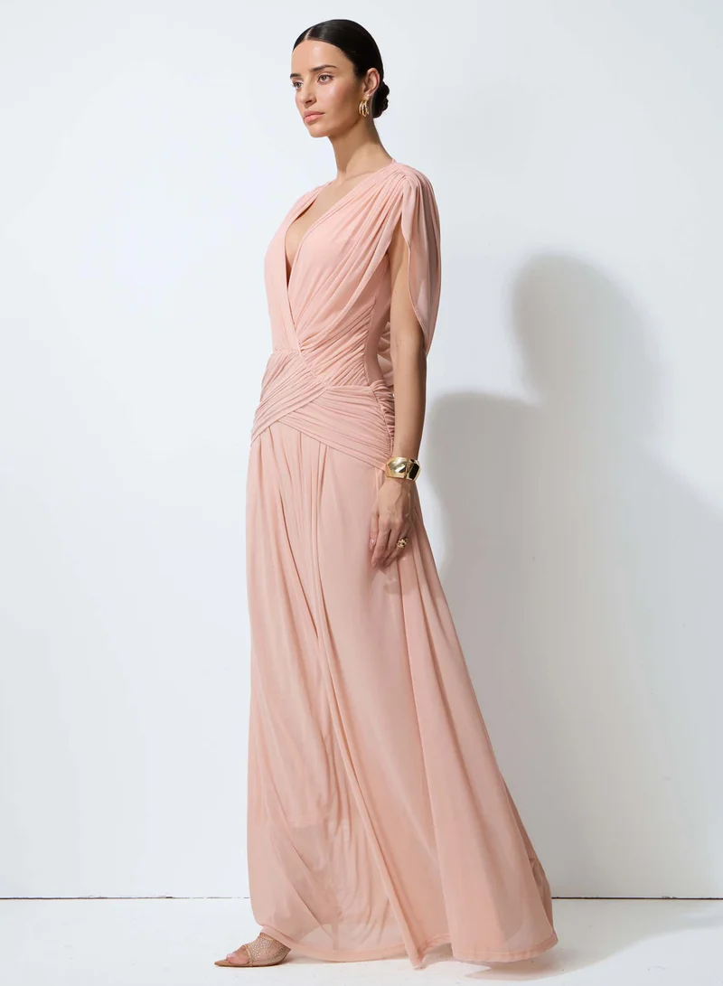 Sunfere Blushing Evenings Pink Deep V-Neck Draped Cowl Back Maxi Dress