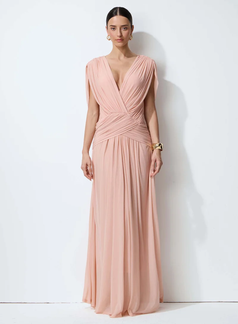 Sunfere Blushing Evenings Pink Deep V-Neck Draped Cowl Back Maxi Dress