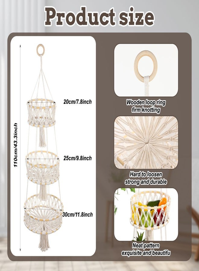 AojSup 3 Tier Hanging Basket, Hanging Fruit Baskets for Kitchen Storage Organizer - Cotton Woven Multi-Layer Produce Holder with Hang Loop for Vegetables Plants Home Decor - Image 2