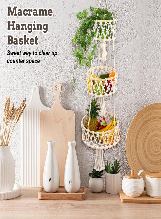 AojSup 3 Tier Hanging Basket, Hanging Fruit Baskets for Kitchen Storage Organizer - Cotton Woven Multi-Layer Produce Holder with Hang Loop for Vegetables Plants Home Decor - Image 3