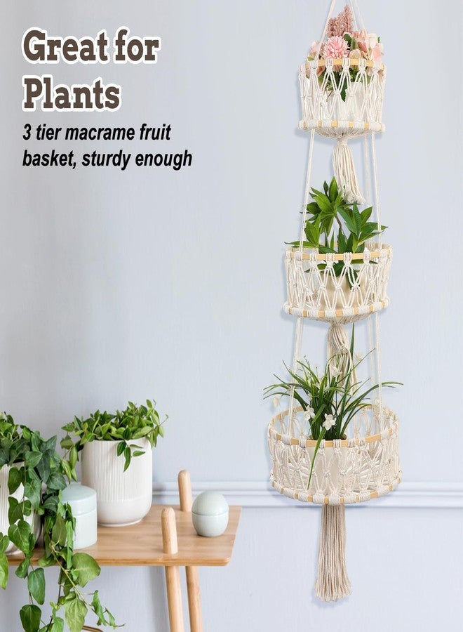 AojSup 3 Tier Hanging Basket, Hanging Fruit Baskets for Kitchen Storage Organizer - Cotton Woven Multi-Layer Produce Holder with Hang Loop for Vegetables Plants Home Decor - Image 4