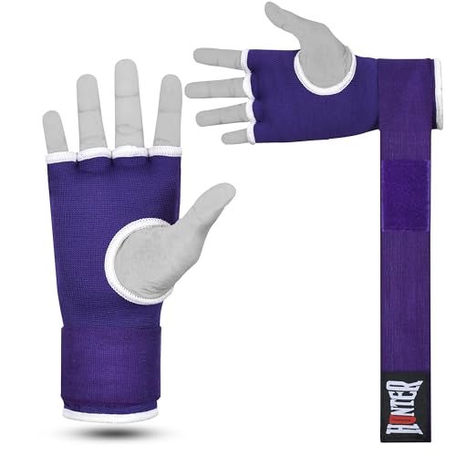 HUNTER قفازات داخلية مبطنة بالجل مع لفافات يد للملاكمة، لفافات تدريب مرنة سريعة للرجال والنساء، موي تاي، MMA، كيك بوكسينغ، فنون القتال، واقي كف اليد والمعصم (زوج) (بنفسجي، L/XL) - Image 2