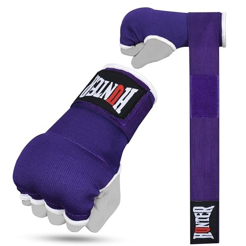 HUNTER قفازات داخلية مبطنة بالجل مع لفافات يد للملاكمة، لفافات تدريب مرنة سريعة للرجال والنساء، موي تاي، MMA، كيك بوكسينغ، فنون القتال، واقي كف اليد والمعصم (زوج) (بنفسجي، L/XL) - Image 1