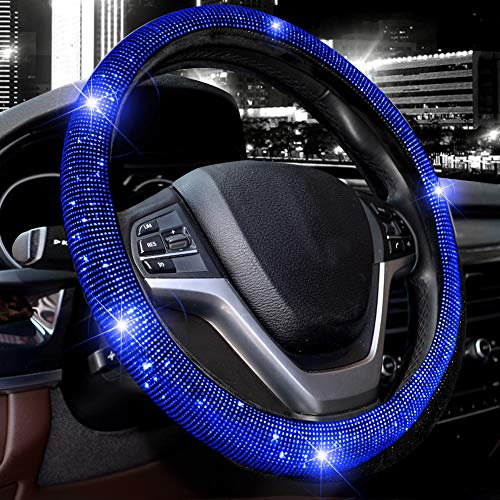 Valleycomfy Steering Wheel Cover for Women Men Bling Bling Crystal Diamond Sparkling Car SUV Wheel Protector Universal Fit 15 Inch (Black with Blue Diamond,Standard Size(14" 1/2-15" 1/4)) - Image 1