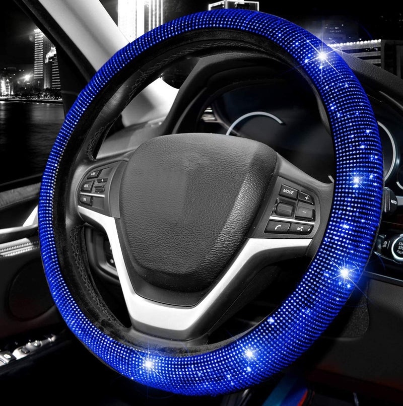 Valleycomfy Steering Wheel Cover for Women Men Bling Bling Crystal Diamond Sparkling Car SUV Wheel Protector Universal Fit 15 Inch (Black with Blue Diamond,Standard Size(14" 1/2-15" 1/4)) - Image 2