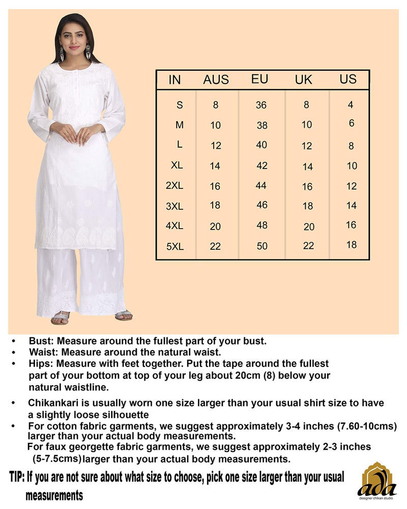 Ada Lucknowi Hand Embroidered Chikankari Fawn Georgette Regular Fit Kurta Kurti with Slip for Women A90352 (XS) - Image 4