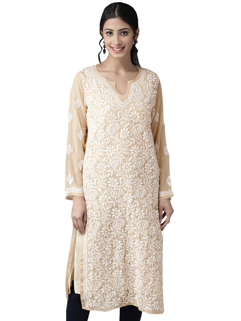Ada Lucknowi Hand Embroidered Chikankari Fawn Georgette Regular Fit Kurta Kurti with Slip for Women A90352 (XS) - Image 1
